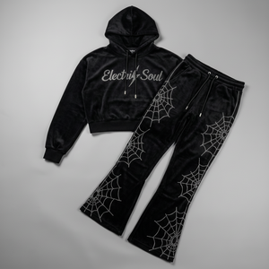 Luxury velvet <b>tracksuit</b> set with rhinestone print hoodie and joggers, soft feel, premium finish, streetwear fashion wear - Product Image 1