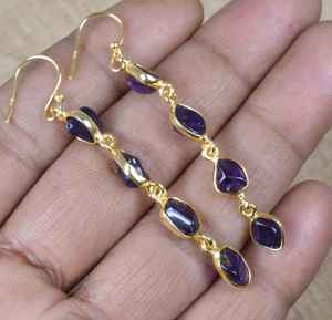 Rough Purple <b>Amethyst</b> 925 Sterling Silver 14k Gold Plated Hook <b>Earrings</b> Handmade February Gemstone Jewelry Gift - Product Image 5