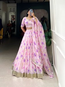 Premium Light Baby <b>Pink</b> Tabby Silk Lehenga Choli with Floral Print With <b>Lace</b> Touch Up Dupatta for Parties and Weddings - Product Image 4