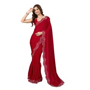 Trendmalls Sari de soirée de mariage en satin rouge pour femme, pièce de chemisier non cousue (K1187), style indien/pakistanais, coupe classique toutes saisons - Product Image 1