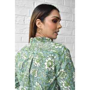 Camisa de Popelina de Algodón con Estampado Floral Verde y Blanco para Mujer, Informal, Manga 3/4, para Uso Diario en Primavera/Verano - Product Image 5