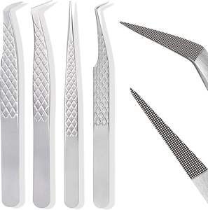 Pinzas de extensión de pestañas de acero inoxidable sostenibles pulidas en plata OEM pinzas de pestañas con logotipo privado punta de fibra - Product Image 1