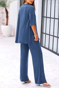 Womens Summer Casual Loose <b>Short</b> Sleeve Pullover Tops & <b>Wide</b> <b>Leg</b> Pants Lounge Sets Tracksuit - Product Image 2
