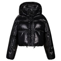 Jaket Puffer Wanita Berkilau Hitam Berkerudung Model Crop Tahan Angin untuk Musim Dingin