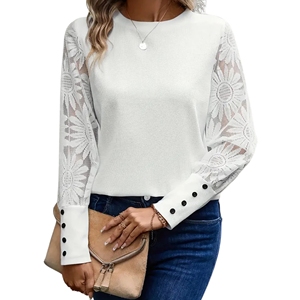 Women's Lace Sheer Woven Shirt Collar Slim Fit Breathable Lightweight Long Sleeves Solid Color Blouse - Product Image 3