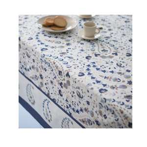Nappe rectangulaire en coton bleu à motif floral et bordure Paisley, idéale pour la salle à manger, en lin décoratif, vente en gros, export, OEM - Product Image 3