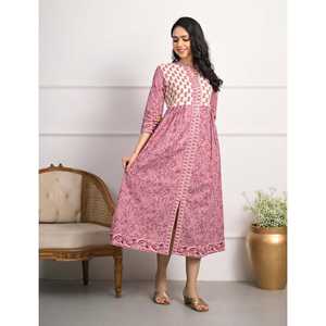 Vestido largo de algodón rosa con estampado de bloques para mujer, estilo A-line, transpirable, casual, elegante, hippie, talla única, largo hasta el suelo, para discoteca de día. - Product Image 4