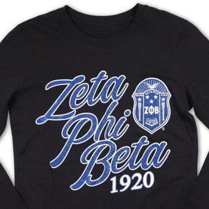 Zeta Phi Beta 1920 Script Logo Camiseta Bordado de manga larga de algodón negro Ropa de vida griega Ropa de hermandad personalizada - Product Image 2