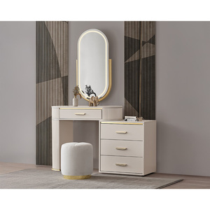 Coiffeuse Aura à 4 tiroirs de taille ajustable Coiffeuse couleur vison avec miroir LED et détails dorés - Product Image 1