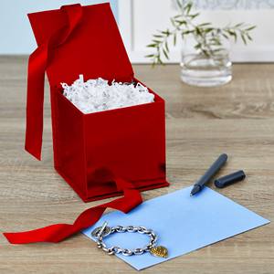 TH CBB-446 Luxury Red Paper Gift Box with Ribbon Pull and Decorative Filler for Jewelry or Small Gifts - Product Image 2