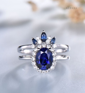 Bague de fiançailles décente en saphir bleu coupe ovale 6*8mm avec bande incurvée couronne, bagues Bling de luxe en or blanc massif 14K d'Inde - Product Image 1