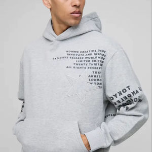Sweat à capuche gris avec patch étoile pour homme, coupe ample et oversize, imprimé à l'écran, brodé, respirant, en coton lourd, sweat à capuche - Product Image 1