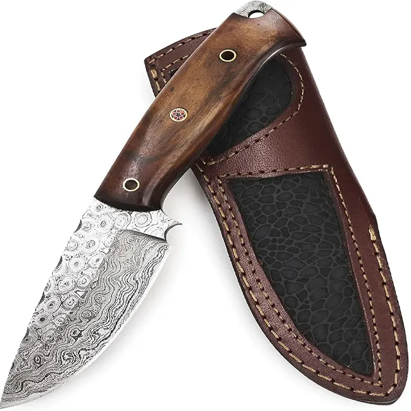 Handmade Damascus Steel Hunting Skinner Knife Wood Handle with Cow Hide Leather pouch