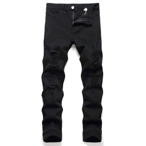 Pantalones Vaqueros de Mezclilla Ligeros Personalizados para Hombre, Corte Regular, Estilo Casual, Algodón de Buena Calidad, Sólidos, Rotos - Product Image 1
