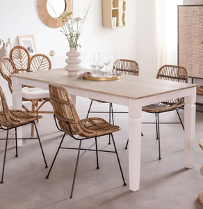 Mesa de Comedor de Lujo de Estilo Americano, Rectangular, de Madera de Mango Maciza, Estilo Vintage Moderno, Acabado Natural y Blanco, para Cocina u Hotel - Product Image 3