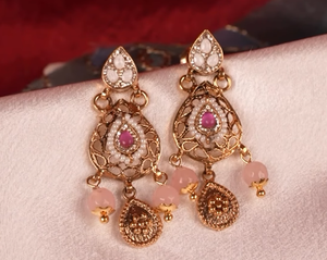 Traditional kundan <b>pearl</b> beaded <b>necklace</b> set with blush pink stones <b>gold</b> tone ethnic bridal jewelry for weddings - Product Image 2