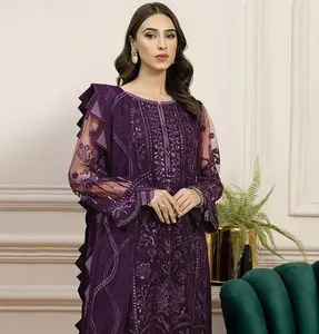 Desain Eksklusif Gaya Pakistan Salwar Kameez Bordir Setelan Kerja Tangan Rumput Muslim Setelan untuk Wanita Gaun Pesta