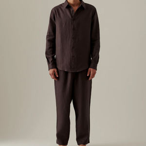 Set pigiami a maniche lunghe in cotone di lino e <span class=keywords><strong>pigiama</strong></span> da <span class=keywords><strong>uomo</strong></span> <span class=keywords><strong>camicia</strong></span> con bottoni e pantaloni biologici da <span class=keywords><strong>uomo</strong></span> - Product Image 4