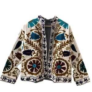 Suzani Embroidery <b>Velvet</b> Fabric Breathable Cotton Stand Collar <b>Women's</b> Indian Winter <b>Jacket</b> - Product Image 1