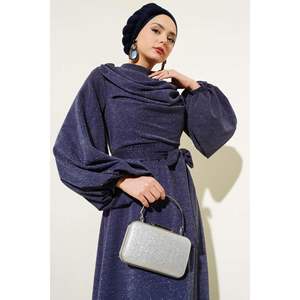 Robe de Soirée Pailletée à Col Bénitier Bleu Marine - Product Image 2