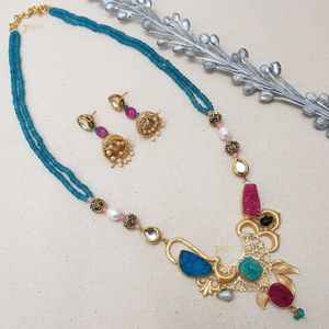 Colgante de fusión de piedra multicolor con pendientes Jhumki Conjunto de joyería de moda única - Product Image 3