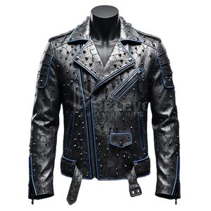 เสื้อแจ็คเก็ตนักขี่มอเตอร์ไซค์หนังสีเทาเมทัลลิกทรงดุดัน ดีไซน์สวยโดดเด่น คอตั้ง แต่งลายพังก์ล้ำยุค ทนทาน พร้อมดีเทลตกแต่งแบบดิสเทรสซิ่ง - Product Image 1