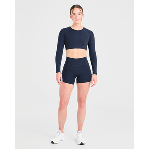 Qualité supérieure marine femmes agrafe manches longues haut court 4 voies Stretch doux et léger Fitness entraînement haut court t-shirts pour les femmes - Product Image 3