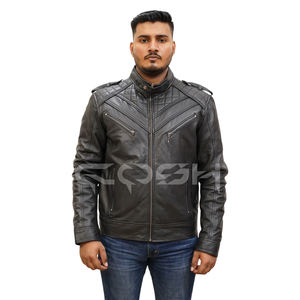 Chaqueta de Motociclista de Cuero Auténtico Negro de Alta Calidad con Cuello Alto y Múltiples Bolsillos |   Detalles Acolchados en el Pecho y Hombros - Product Image 3