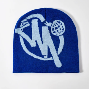 Gorro de Jacquard con logotipo personalizado al por mayor, gorro de punto acrílico con estampado completo, gorro con patrón de letras para viajes - Product Image 5