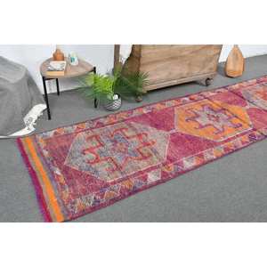 Tapis patchwork en laine vintage 2,9x10,8 pieds, tapis plat turc, décoration de salon rose orange avec support en latex - Product Image 1