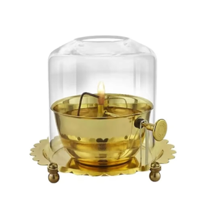 Akhand Jyoti en laiton doré cristal Diya avec support de poignée de foudre lampe à huile en métal pour décorations de salle Puja paramètres de lumière de thé - Product Image 1