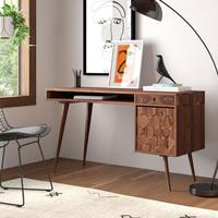 Bureau de travail moderne et durable en bois avec rangement à panneaux hexagonaux et design élégant à pieds en T pour la maison ou le bureau