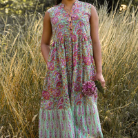 Robe Vivienne coupe trapèze en pur coton naturel, imprimée au bloc, longueur maxi, mode éthique, collection Printemps-Été