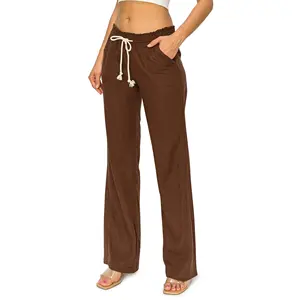 Pantalones casuales de lino marrón oscuro para mujer con cordón personalizado de Oceanside cintura ahumada salón playa bolsillos decoración de encaje - Product Image 2