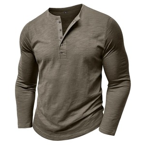 T-shirt décontracté à manches longues pour hommes Henley Neck Slim Top respirant 100% coton couleur unie pour le travail en plein air - Product Image 1