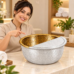 Fauteuil de pédicure rond en cuivre martelé avec intérieur doré et système de jets sans tuyauterie à capot argenté pour salon de manucure et spa - Product Image 6