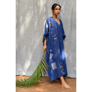 Caftán Jamdani Indigo Celebration, Vestido Largo Elegante e Informal, Talla Única, Transpirable, para Ocio - Product Image 1