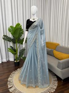 FENDY SILK DESIGNER SAREE <b>BEADS</b> WORK WITH VELVET BLOUSE WEDDING WEAR - Product Image 2