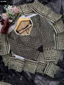 Sari Indio de Seda Negra con Lentejuelas y Bordado de Hilo para Fiestas, Sari Económico con Piezas de Blusa con Trabajo de Lentejuelas - Product Image 3