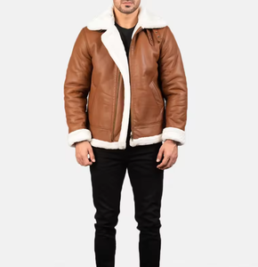 Blouson aviateur en sherpa pour homme personnalisable, en cuir véritable, doublure en fausse fourrure de mouton, respirant, coupe-vent, fermeture éclair, col à boucle - Product Image 4