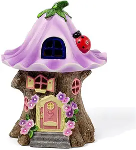 Resin Garden Mushroom Fairy House Statue with Solar Light Polyresin Garden Figurines