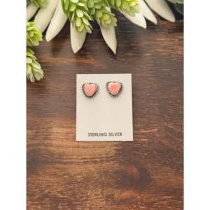 Larson Chee Pink Conch & Sterling Silver <b>Post</b> Heart Stud <b>Earrings</b> with Diamond 14K Gold Rose Gold Bezel Setting - Product Image 1