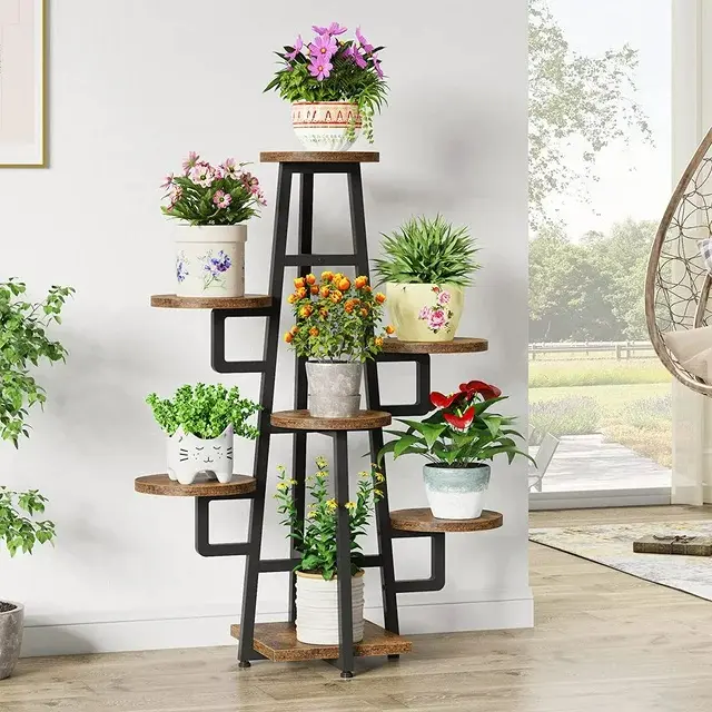 Modern Design 6 Tier Metal Flower pot stand Wooden and Metal Planter Pot Display Rack for Home and Garden Decoration