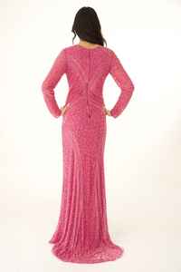 Vestido de noche de malla polimérica Vintage rosa fuerte para mujer, mangas completas con diseño de cuentas, escote en O, vestido de fiesta hasta el suelo - Product Image 6