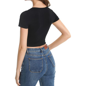 Women <b>Black</b> Crop <b>Top</b> Short Sleeve Fitted Cotton Tee Stretchy Slim Fit Summer Casual Streetwear Fashion Basic <b>Top</b> 2025 Trend - Product Image 5
