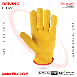 Guantes de conductor de cuero de vaca de Venta caliente con parte posterior elástica fruncida en color amarillo Guantes de trabajo de seguridad industrial para trabajadores - Product Image 3