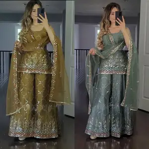 最新印度刺绣Sharara Gharara Kurti套装，乔其纱面料华丽巴基斯坦设计师定制民族服装批发