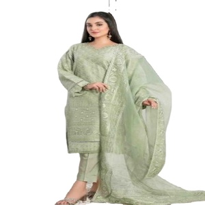 Conjunto de 3 Piezas TAWAKKAL para Mujer, Dupatta Bordada, Camisa de Organza Cosida, Pantalón de Viscosa, para Adultos, Boda India-Pakistán - Product Image 1
