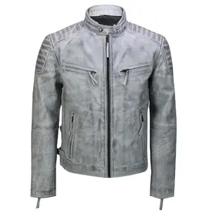 Stylish Ash Grey Genuine Sheepskin Leather Jacket Breathable Men's Urban Moto Zippered Pockets Quilted Detailing Leather Coat