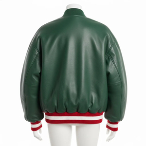Chaqueta de Motociclista de Piel de Oveja Verde para Mujer con Cuello de Piel Roja - Product Image 3